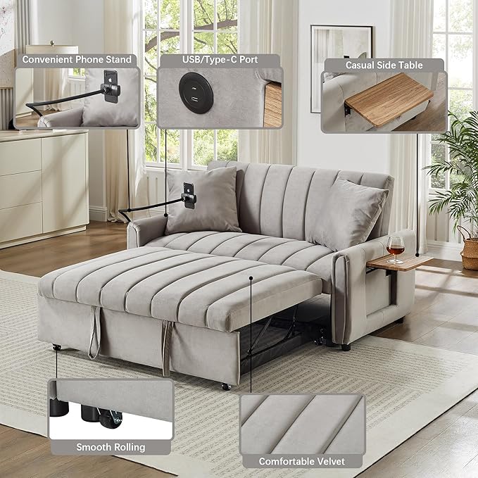 Convertible Velvet Sofa Bed with Pull-Out Bed &amp Side Storage Pockets Modern Sleeper Sofa for Living Room Apartment Small Spaces and Bedroom (Grey-2)