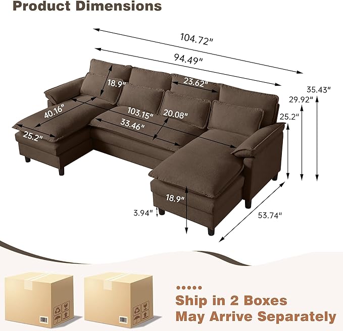 Comfy Cloud Couch Sectional Sofa with Lumbar Pillows Modern U-Shaped Cloud Sofa with Double Chaise &amp Deep Seat 4 Seat Sectional Couch for Living Room or Office Easy Assembly Dark Coffee