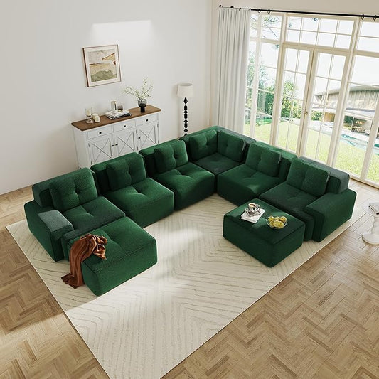 Corner Boneless Couch Modular Sectional Sofa Modern 8-Seater C Shaped Sectional Couches for Living Room with Deep Seat and Ottoman Oversized Comfy Corduroy Cloud Couch Sleeper Sofa Green