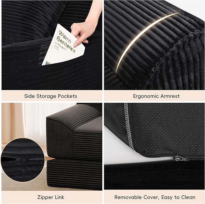 Convertible Sofa Bed 79 Inch Boneless Couch Corduroy Loveseat Sleeper Oversized Double Lounge Chaise Cloud Futon Floor Sofa Modular Futon Couch for Living Room Bedroom Lounge (Black)