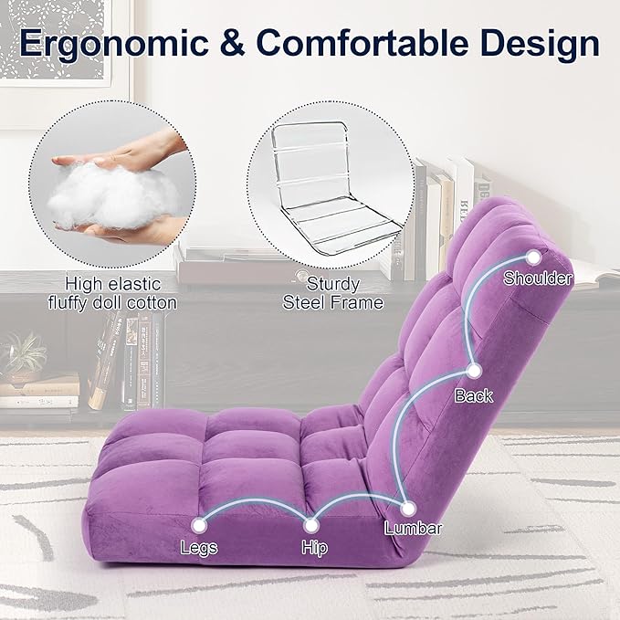 Floor Chair 24 inches Wide Oversized Velvet Armless Lay Flat Floor seat Padded Meditation Chair with 6 Adjustable Position Ergonomic Comfortable Convenient(LRSF-009-PURPLE)