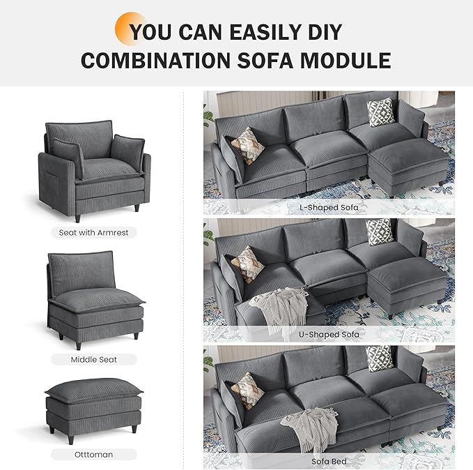 Apicizon 143 Cloud Couch Sectional 4-Seat Deep Sofa Couch with Ottoman Modern U Shape Sectional Cloud Sofa Corduroy for Living Room Apartment Office Grey