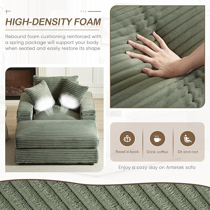 Chaise Lounge Chair Indoor 44 Inch Comfy Corduroy Sectional Cloud Couch Upholstered Single Sofa w/Movable Ottoman for Living Room Bedroom Apartment Green