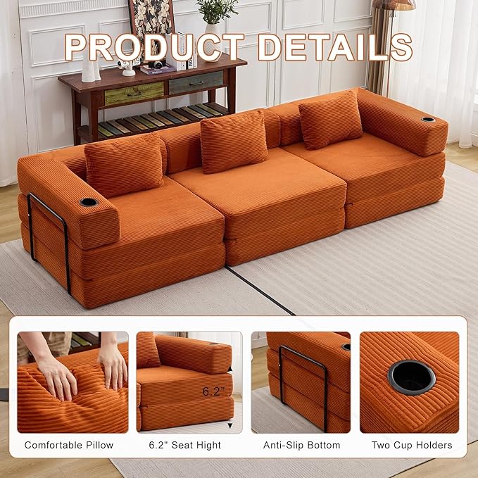 118 Oversized Sectional Couches Convertible Floor Sofa Bed with Cup Holder Boneless Foldable Mattress Cloud Couch with Pillow Back &amp Armrest for Living Room Bedroom Lounge(Corduroy Orange)