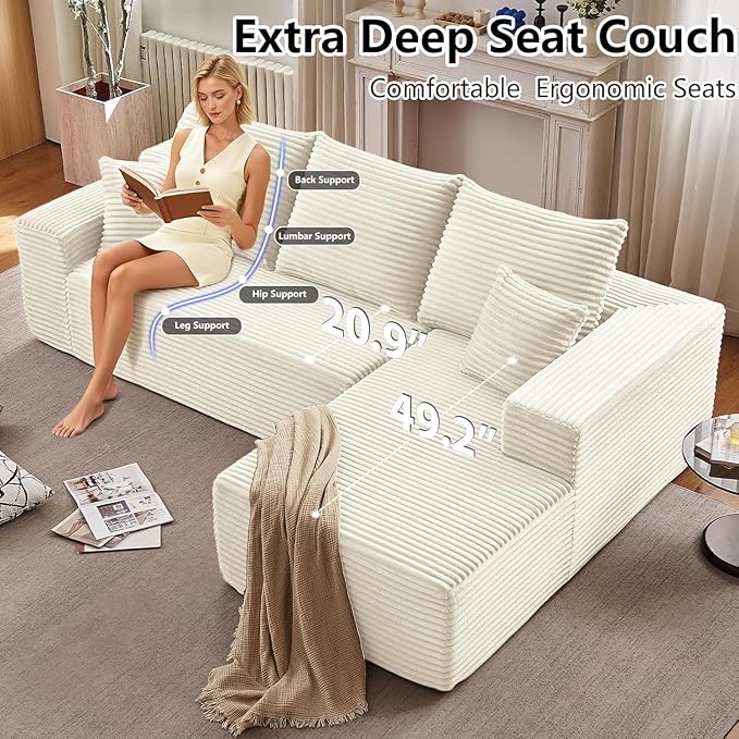 107.5 Modular Sectional Sofa with L-Shape Chaise Upholstered Couches for Living Room with Deep Seat No Assembly Required Corduroy Cloud Couches (Right-Facing Chaise