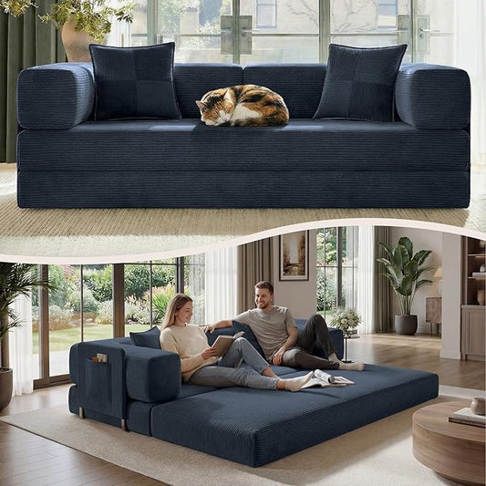 Belhome 78.8 Convertible Sofa Bed Futon Sofa Bed with Side Pocket Corduroy Pull Out Futon Sofa Boneless Couch for Living RoomsNo Assembly Required Navy