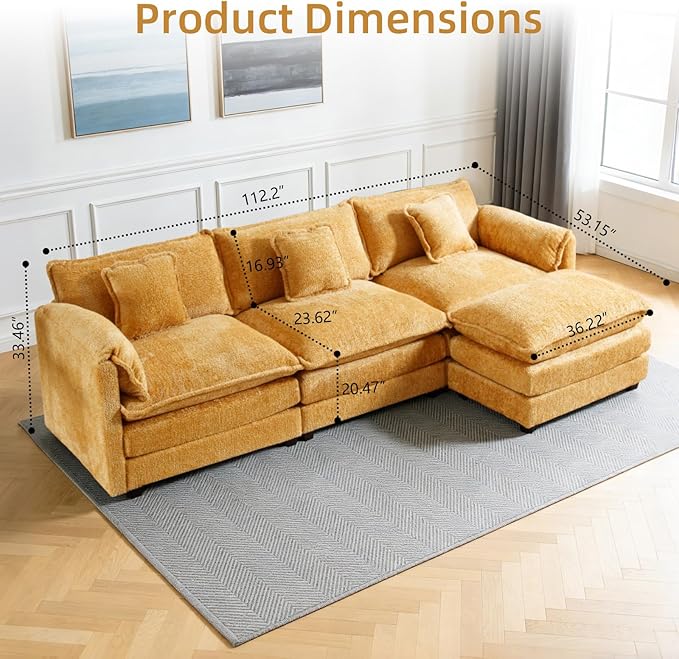 GNIXUU 112 Oversized Sectional Sofa Cloud Couch for Living Room Modern Chenille L Shaped Couch Comfy Boucle Modular Sofa Sleeper with Moveable Ottoman &amp Memory Foam(Musterd Yellow)