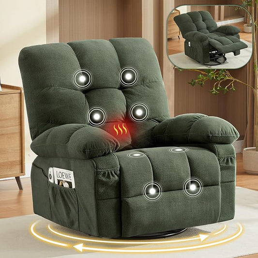 Oversized Recliner Chair for Adults w/ 8-Point 3D Kneading Massage and Lumbar Heating Swivel Rocker Recliner w/USB Charge Port for Living Room Ergonomic Lazy Boy Single Sofa Chair (Green)