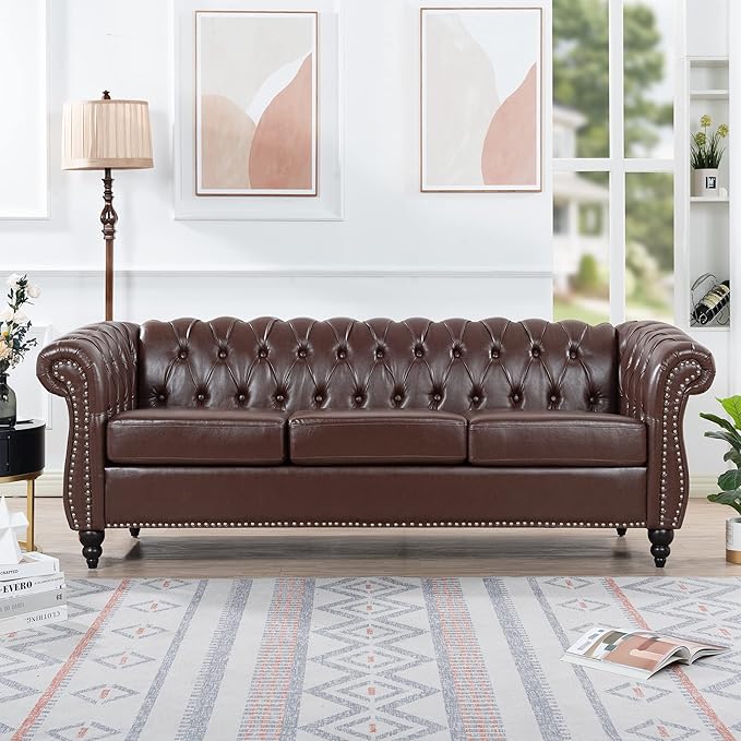 GDFStudio 85 Tufted Button Chesterfield Sofa with Deep Seat Cushions Rolled Arms &amp Gold Accent Strip 3-Seater Midcentury Modern Sofa for Living Room Classic Couch Furniture Dark Brown + PU