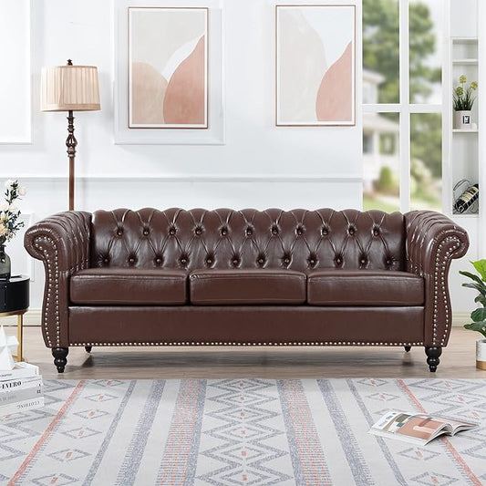 Ball &amp Cast 84 Chesterfield Leather Sofa with Channel Tufted Seat BackClassic 3 Seater Couch w/Roll Arm Nailhead Trim and UpholsteredMid Century Furniture for Living RoomOfficeDark Brown PU