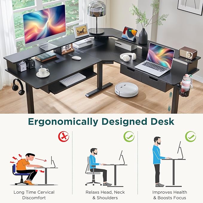 RedLemon 60 Inches L Shaped Electric Standing Desk Height Adjustable Corner Gaming Desk with Drawers Power Outlets &amp LED Lights Computer Desk with Monitor Shelf Carbon Fiber Black