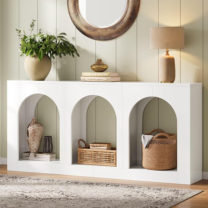 Tribesigns 70.9 White Console Table with Storage Wood Entryway Entry Table with 3 Arched Shelves for Foyer Hallway Living Room Behind Couch Sofa Narrow Long