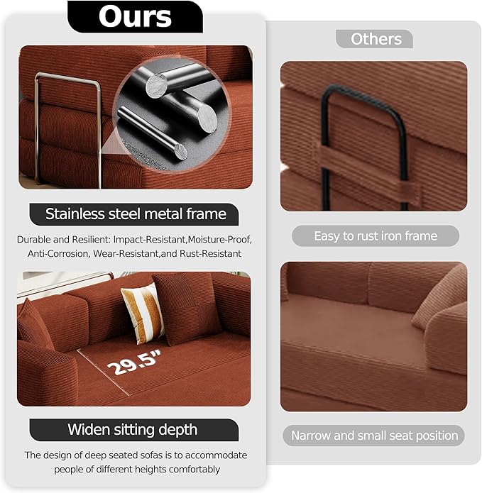 79 Convertible Floor Sofa BedCorduroy Sleeper Sofa with Side Pocket and Fixed-Shape Frame5-in-1 DIY Foldable Couch for Living RoomBedroom(Orange)