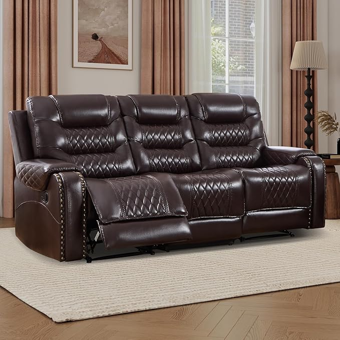 EBELLO Manual Reclining Sofa for Living Room Faux Leather 3 Seater Reclining Couch Chair Vintage Rivet Mid-Century Modern Design Furniture for Living Room Meeting Room Dark Brown