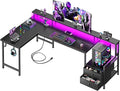 66'' L Shaped Gaming Desk with Drawers and Storage Shelves Reversible Corner Desk with Power Outlets and Host Stand Large Computer Desk with Led Lights for Gaming Work Home Office Black