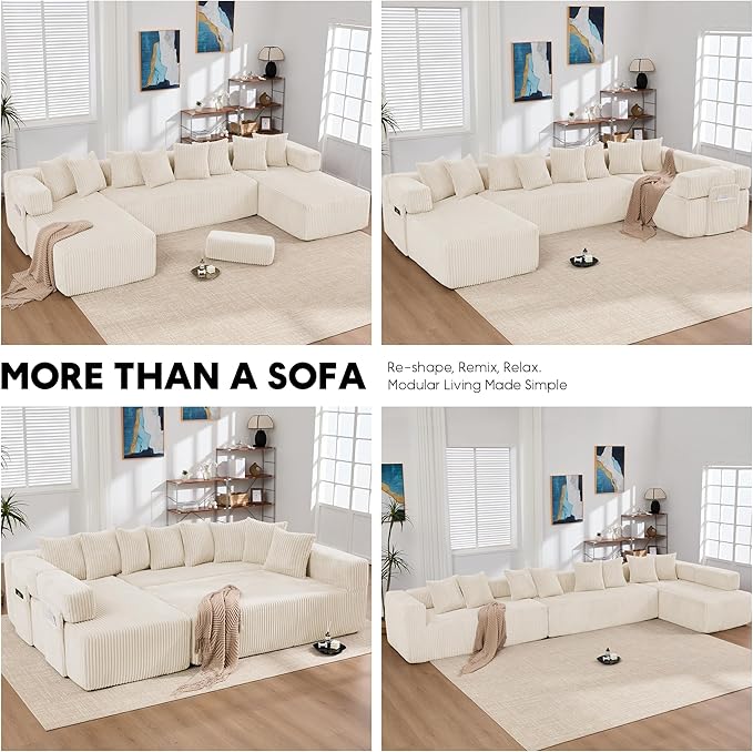 Oversized Cloud Boneless Couch 146 Modular Sectional Sofa with Deep Seat Chaise Fluffy U Shaped Couches for Living Room Comfy Plush Corduroy Sofa with 8 Pillows No Assembly Beige White