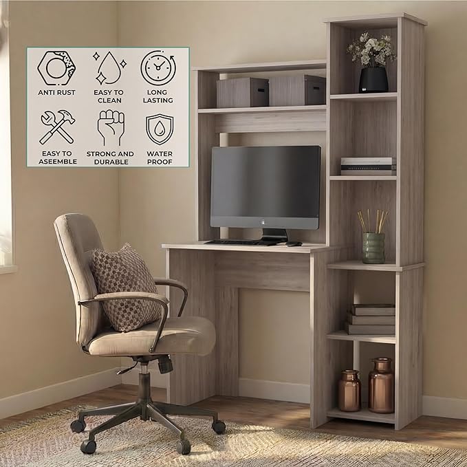 Tuhome Versalles Writing Desk with Two Superior Shelves Five Side Open Storage Compartments Space-Saving Modern Workstation Design for Studios and Offices Ideal for Organization