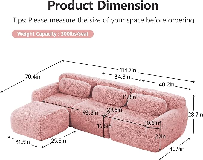 114.7”Boneless Cloud Couches Soft Fluffy Plush Fabric Modular Sectional L Shaped Sofa Couch with Ottoman 3-Seater Pink Couches Comfy Sofa for Living Room