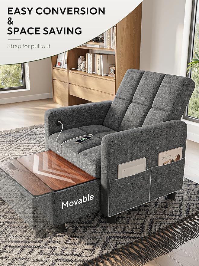 Convertible Sleeper Chair 3 in 1 Pull Out Sofa Bed | Single Sofa Bed with Storage Ottoman and Adjustable Backrest | Reading Chair with Foldable Table &amp USB Port Grey