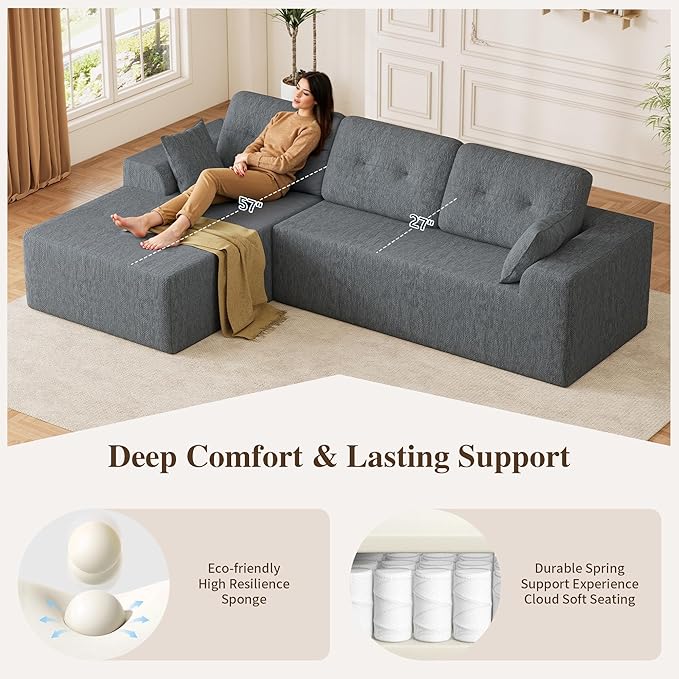 Ball &amp Cast 106 Boneless Sectional Sofa Chenille Modular L Shaped Couch with Deep Seat Chaise Cloud Style Oversized Sectional Couch for Living Room No Assembly Left Facing Grey