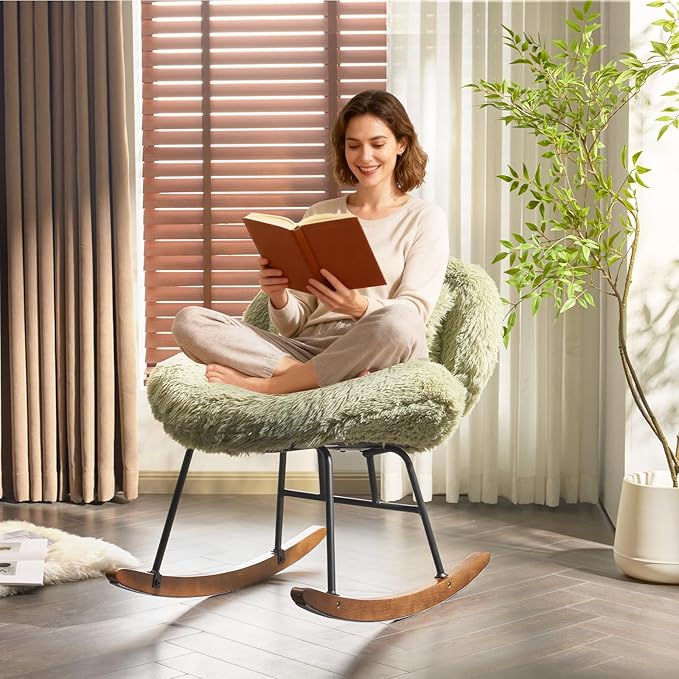 VINGLI 25.6 Extra Wide Nursery 115° Armless Rocking Chair Curved Cute Cross-Legged Glider Chair with Pillow &amp Solid Wood Nursing Chair for Bedroom Living Room Fluffy Fleece Grass Green