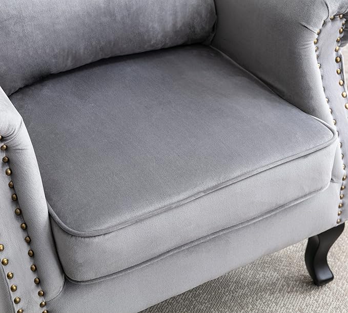 Mid Century Modern Accent Chair Upholstered Armchair Comfy Velvet Fabric Single Sofa with Lined Wingback for Small Spaces Bedroom Living Room Velvet Grey30.1D x 30.5W x 35H in