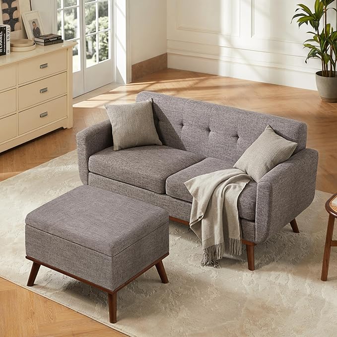 Kingfun 65 W Loveseat Sofa with Ottoman Coffee Table Mid Century Modern Decor Love Seat Couches and Ottoman with Storage for Living Room Button Tufted Upholstered Love Seats Furniture Set Grey | l
