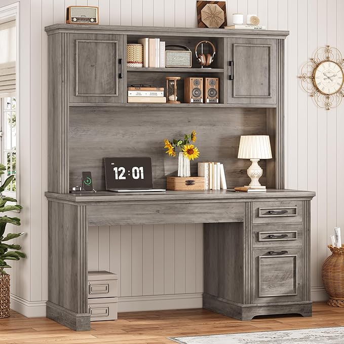 SEDETA Office Desk with 3 Drawers 47.2 Executive Computer Desk with Storage Drawers and Hutch Cabinet Wood Farmhouse Desk with Power Outlet for Home Office Grey