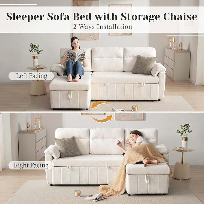 Tbfit 84'' Sleeper Sofa Bed 3 in 1 Cloud Pull Out Sofa Couch with USB &amp Storage Chaise Convertible Sofa Bed with Pull Out Bed Couches for Living Room Apartment Office White Sherpa