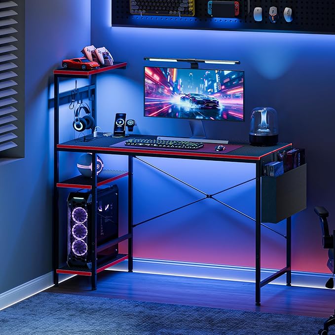 Computer Desk 44 Inch Electric Standing Desk Led Gaming Table with Power Outlets Hooks and Storage Bag 4 Tiers Reversible Shelve Writing Work Study for Student Teacher Office Home