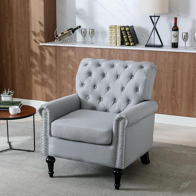 Upholstered Accent ChairsMid Century Armchair Sofa ChairsComfy Living Room ChairButton Tufted Reading Chair for Living Room BedroomStudy (2 Grey)