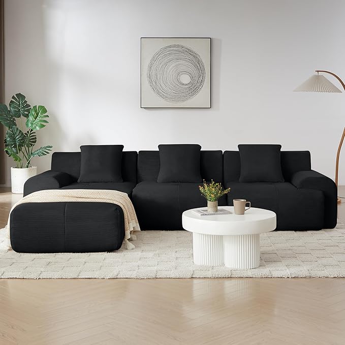 113 Cloud Compressed Modular Sectional Sofa Boneless Couch for Living Room Modern Corduroy Upholstered L-Shaped Corner Couch with Reversible Ottoman for Apartment | Deep Seat Wider Armrest Free Co