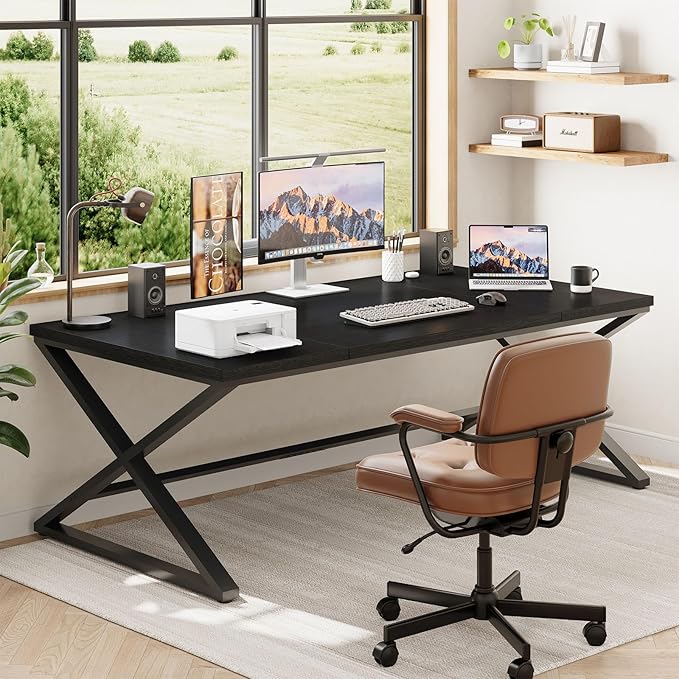 IBF Large Black Computer Desk 70.8” Long Writing Desk for Home Office Modern Simple Executive Work Study Desk for Two Person Wood Double PC Gaming Workstation Computer Table for Bedroom Black Oak