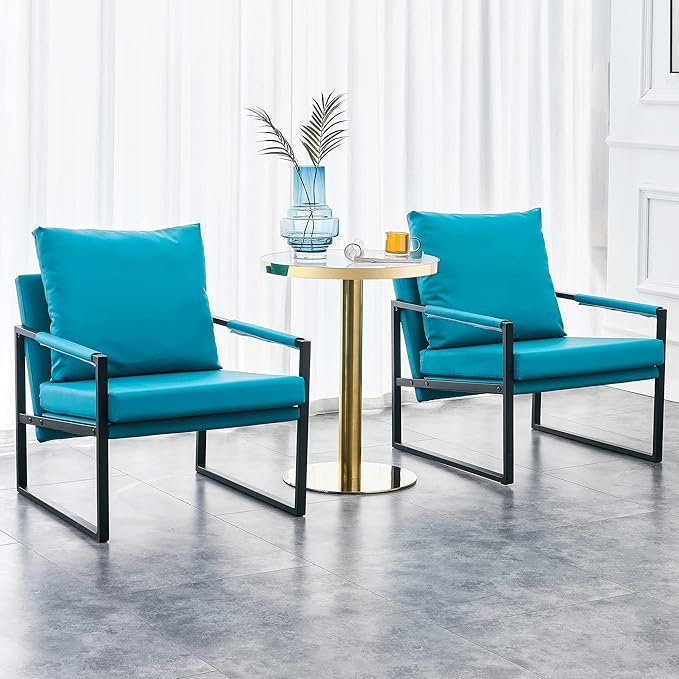 Sofa PU Leather Accent Arm Chair Mid Century Modern Upholstered Armchair with Metal Frame Extra-Thick Padded Backrest and Seat Cushion Sofa Chairs for Living Room (Cyan PU Leather + Metal + Foam)
