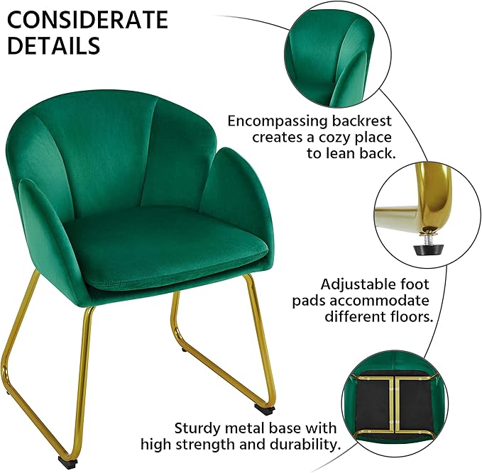 Yaheetech Flower Velvet Vanity Chair Modern Side Chair Armchair with Golden Metal Legs for Living Room/Dressing Room/Bedroom/Home Office/Kitchen Green