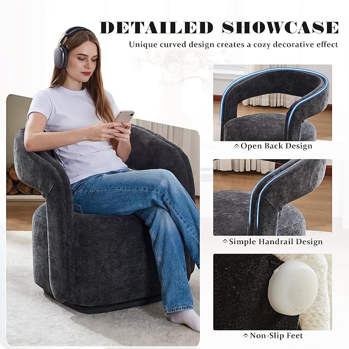 FOXHUNTER Swivel Accent Chair Set of 2 Modern Upholstered Barrel Chair Oversized Round Accent Armchair with Open Back Wooden Base for Living RoomChenil Grey