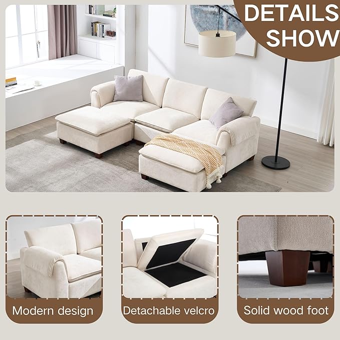 119 Inches Cloud Modular Sectional Sofa 4 Seater Chenille Fabric Couch Modern Convertible Comfortable Sofa Couch for Living Room White