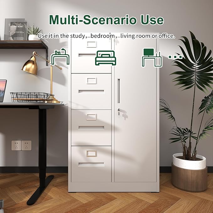 4 Drawer Small File Cabinet with Lock Under Desk Locking Storage Drawers Organizer Filing Cabinets for Home OfficeWhite