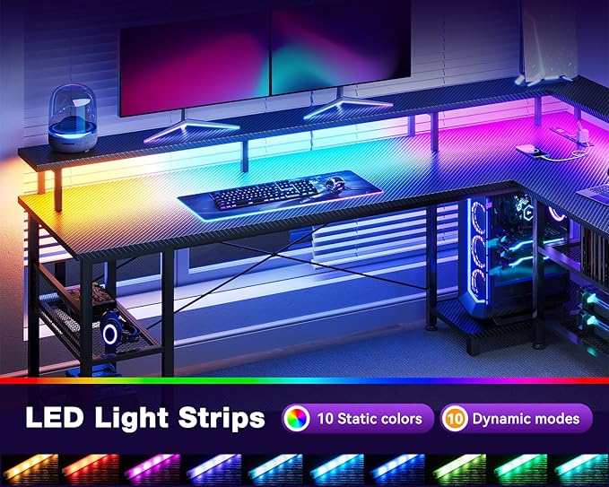 ODK 66 L Shaped Gaming Desk with Power Outlet and LED Lights PC Gaming Table with Carbon Fiber Texture Reversible L Shape Desk with Storage Shelves &amp Monitor Stand Home Office Desk Black