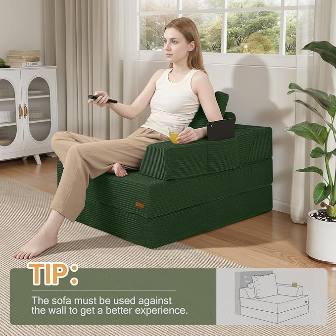 COMAX Folding Sofa Bed Foldable Couch for Bedroom Corduroy Convertible Floor Sleeper Futon Chair Foam 3 in 1 Fold Out Chair Portable Comfy Lounge Couch Single Sofa Bed for Small Space Guest Room