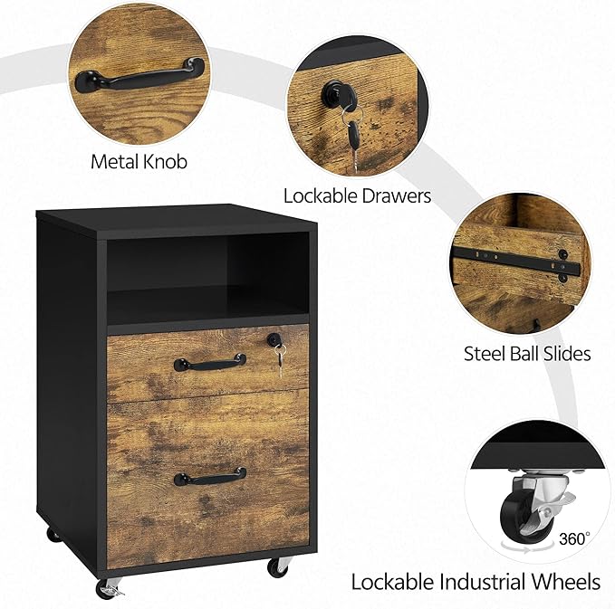Topeakmart Rolling Vertical Filing Cabinet with 2 Drawer and 1 Open Compartments File Storage Cabinet with Lock Printer Stand for Home and Office Black/Rustic Brown