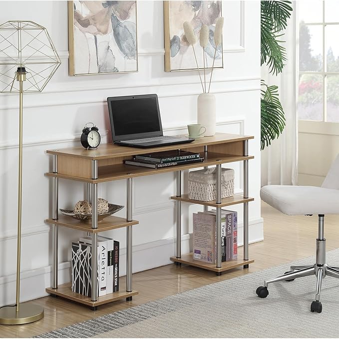 Timeless Trends No Tools Desk Home Office Desk with Shelves Corner Shelf Vanity Desk Computer Desk Nail Table for Nail Tech - 47.25 L x 15.75 W x 30 H Light Oak