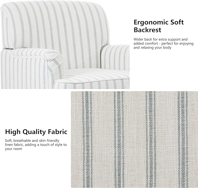 Accent Chair Mid Century Modern Comfy Armchair for Living Room Linen Fabric Single Sofa Lounge for Reading Bedroom Apartment Waiting Room with Wood Legs (Pinstripe Light Blue Set of 1)