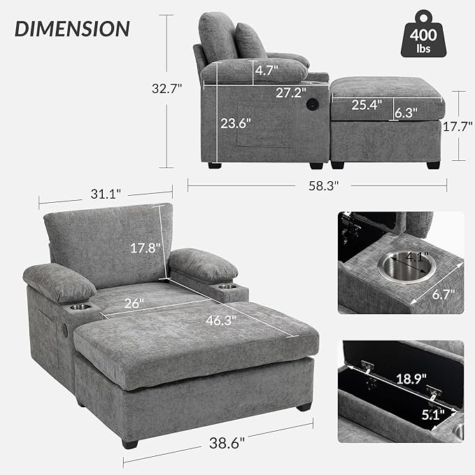 58'' Chaise Lounge Chair Indoor Cloud Arm Chair with Ottoman Set Oversized Accent Chair with Ottoman Reading Chair with Cup Holders &amp USB Charging Ports for Living Room Bedroom (Grey)