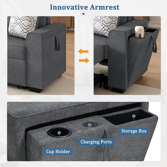 83.9 Convertible Sectional Sofa Bed Chenille L-Shaped Sofa with Dual Pull-Out Sleepers Flip-Top Table USB Ports Cup Holder &amp Storage for Living Room Office Apartment (Dark Gray-7.22)