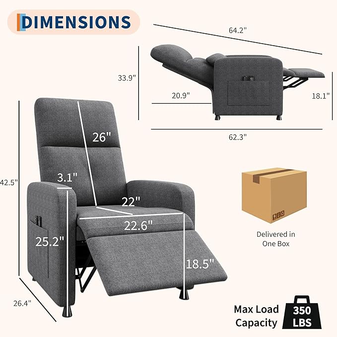 Power Recliner Chair Adjustable Electric Reclining Chair for Adults Overstuffed Tall Back Sofa with Padded Seat 2 Side Pockets &amp USB Port Home Theater Seating for Living Room - Gray
