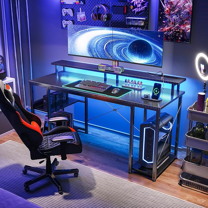 ODK 55 inch Computer Desk with Power Outlets &amp LED Lights Gaming Desk with Monitor Stand &amp Storage Sheves Home Office Desk Carbon Fiber Black