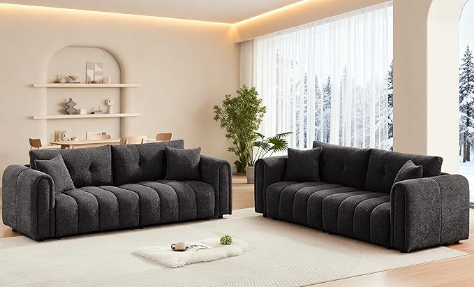 Mid Century Modern Boucle Sofas for Living Room 3 Seater Couch with Deep Seat Comfy Sherpa Cloud Couch Oversized Loveseat for Apartment Bedroom Home Office 91.5 Inch Dark Grey