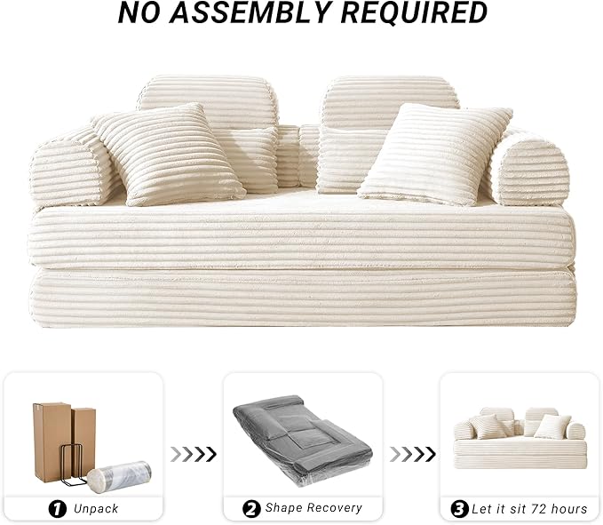 79 Boneless Couch with High Backrest Headrest Comfy Modular Foldable Floor Sleeper Sofa 5-in-1 Convertible Sofa Bed for Living Room Bedroom Lounge Studio White