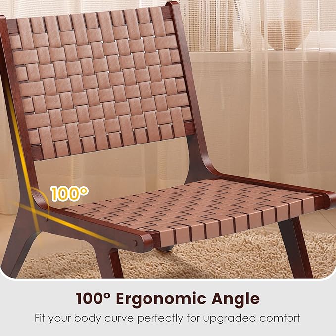 Giantex Woven Leather Accent Chair Set of 2 Boho Mid Century Modern Lounge Chair w/Wood Frame Max Load 300 Lbs Wicker Living Room Chair Armless Accent Side Chair for Reading Bedroom Brown